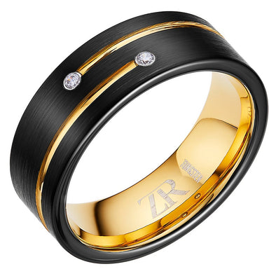 Mens Black Gold CZ Tungsten Ring 8mm