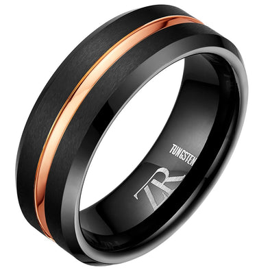 Mens Black Tungsten Ring 8mm Gold Stripe