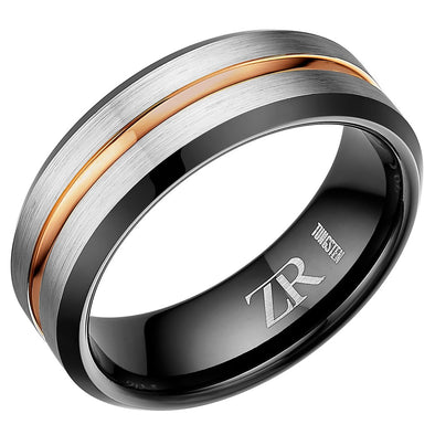 Mens Tungsten Ring 8mm Black Gold Stripe