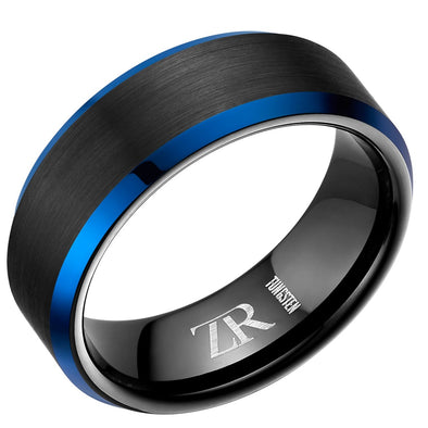 Mens 8mm Black Blue Tungsten Band Ring 8mm
